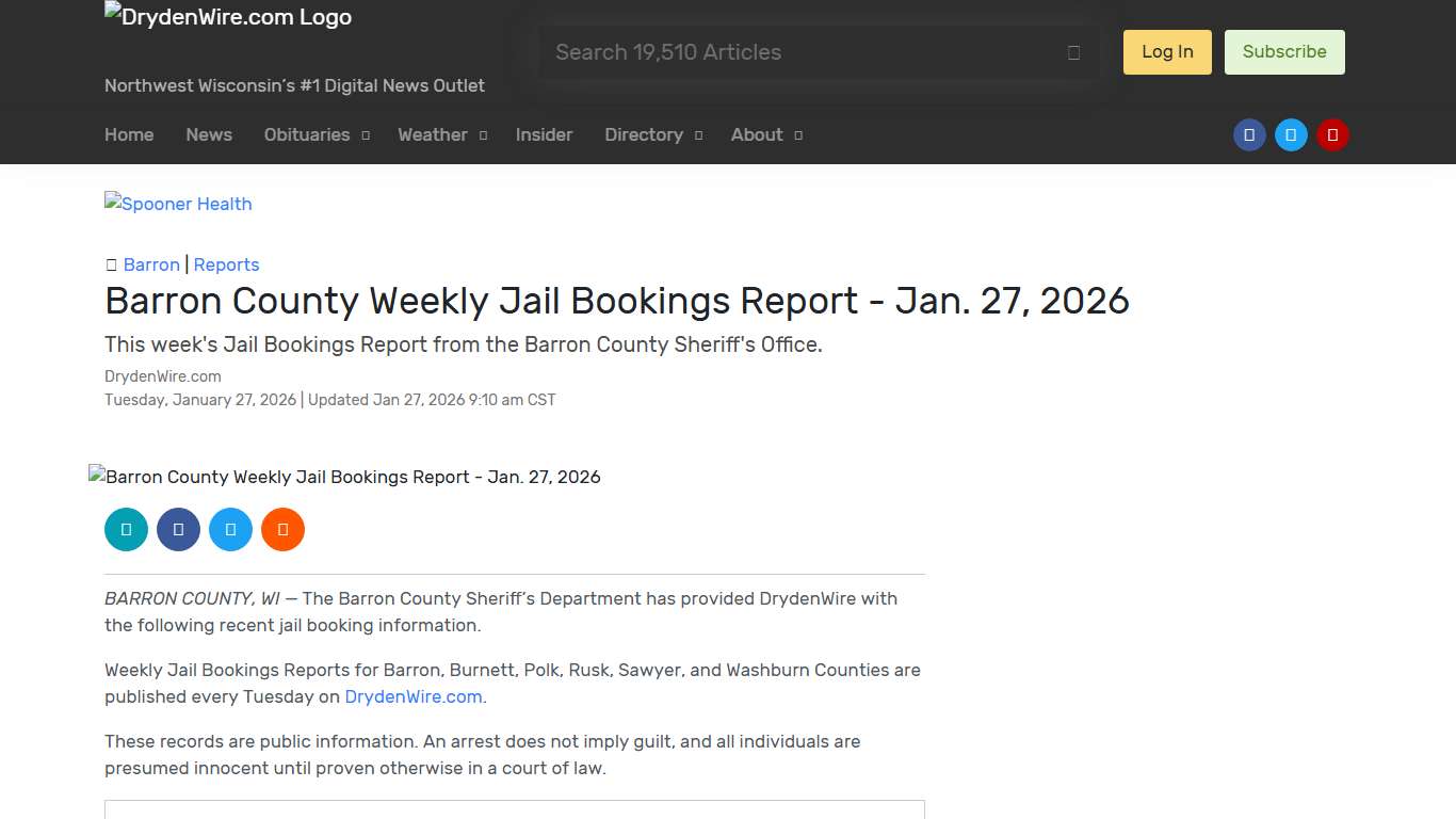 Barron County Weekly Jail Bookings Report - Jan. 27, 2026 Recent News DrydenWire.com