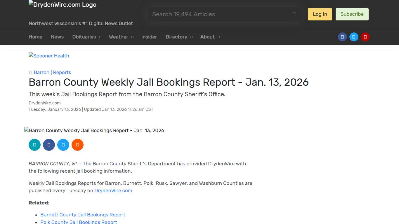 Barron County Weekly Jail Bookings Report - Jan. 13, 2026 Recent News DrydenWire.com